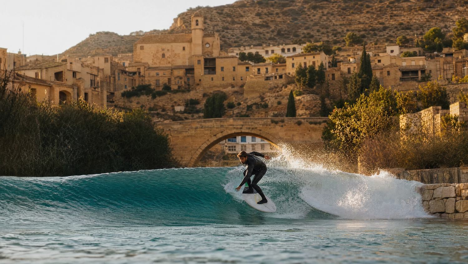 Surfista sobre una ola estacionaria en un río, con un pueblo de piedra al fondo