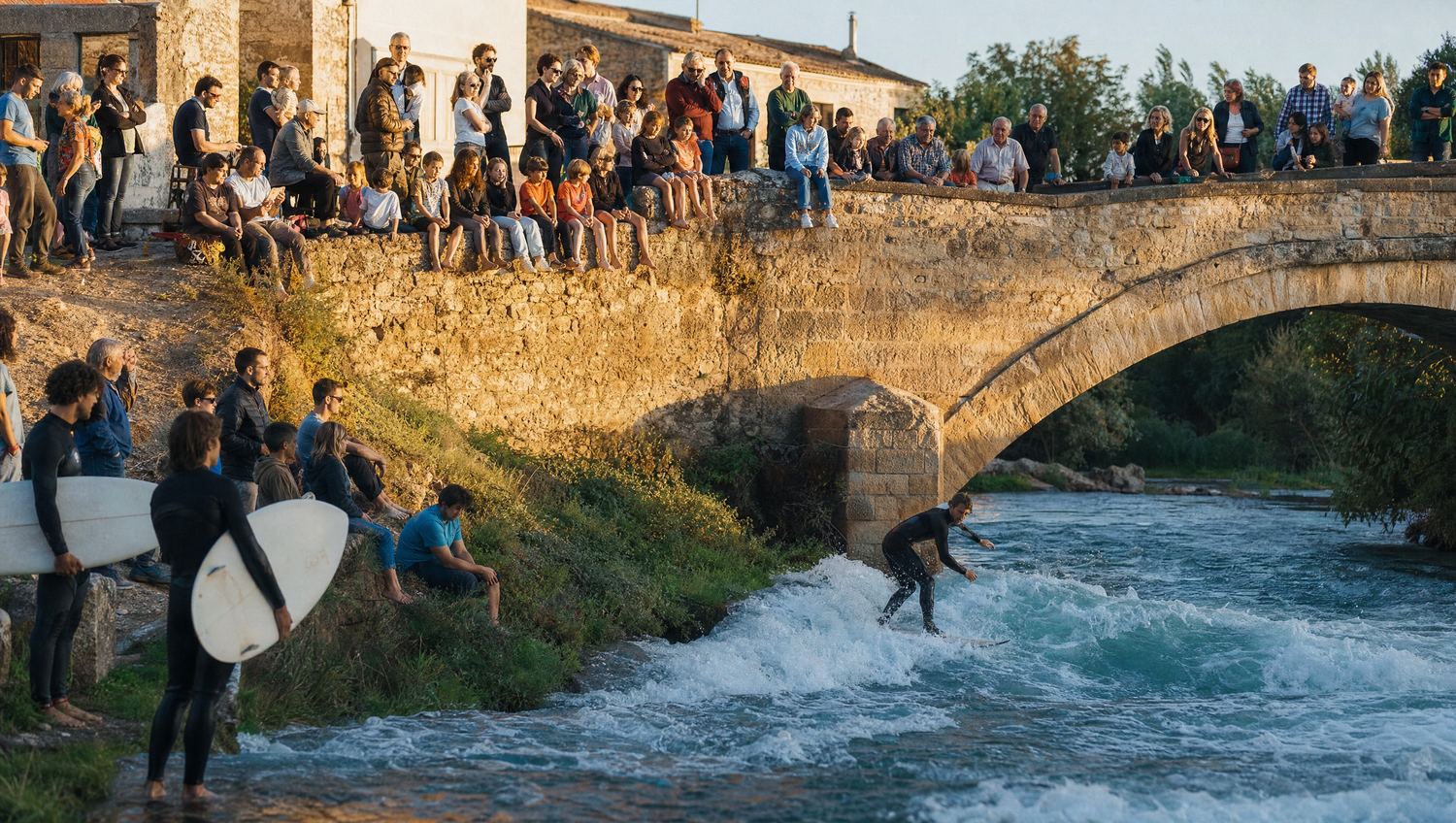 Vecinos de un pueblo asomados a un puente de piedra viendo surfear en el río